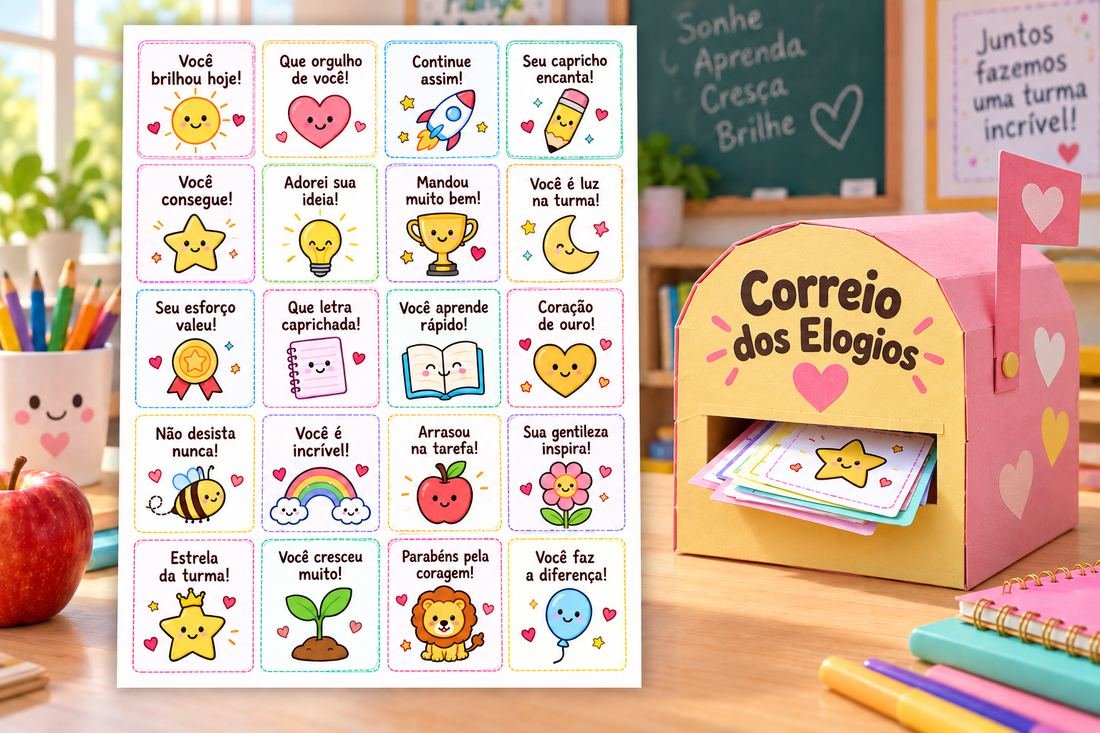 Folha A4 com 20 cartinhas de elogio ao lado do Correio dos Elogios na mesa da professora